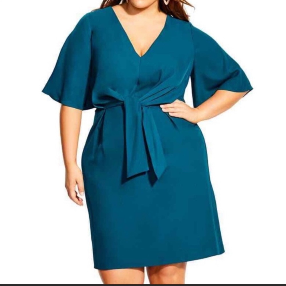 City Chic Women Plus Size 18 Teal Dress Knot Front